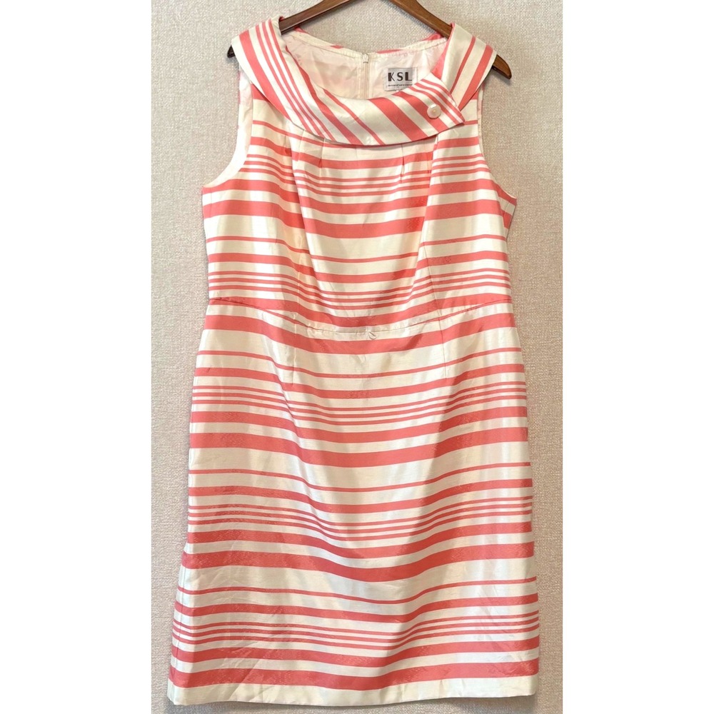 Karin Stevens KSL Sheath Dress Plus 16W Pink White Striped Portrait Collar Retro